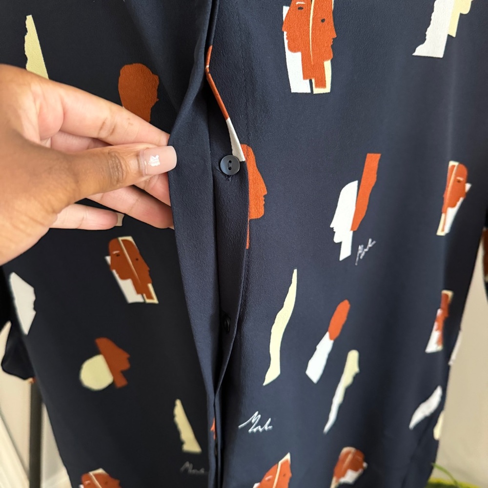 Monki Oversized Collar Button Up Shirtdress with Faces in Navy Size XS - Picture 3 of 9
